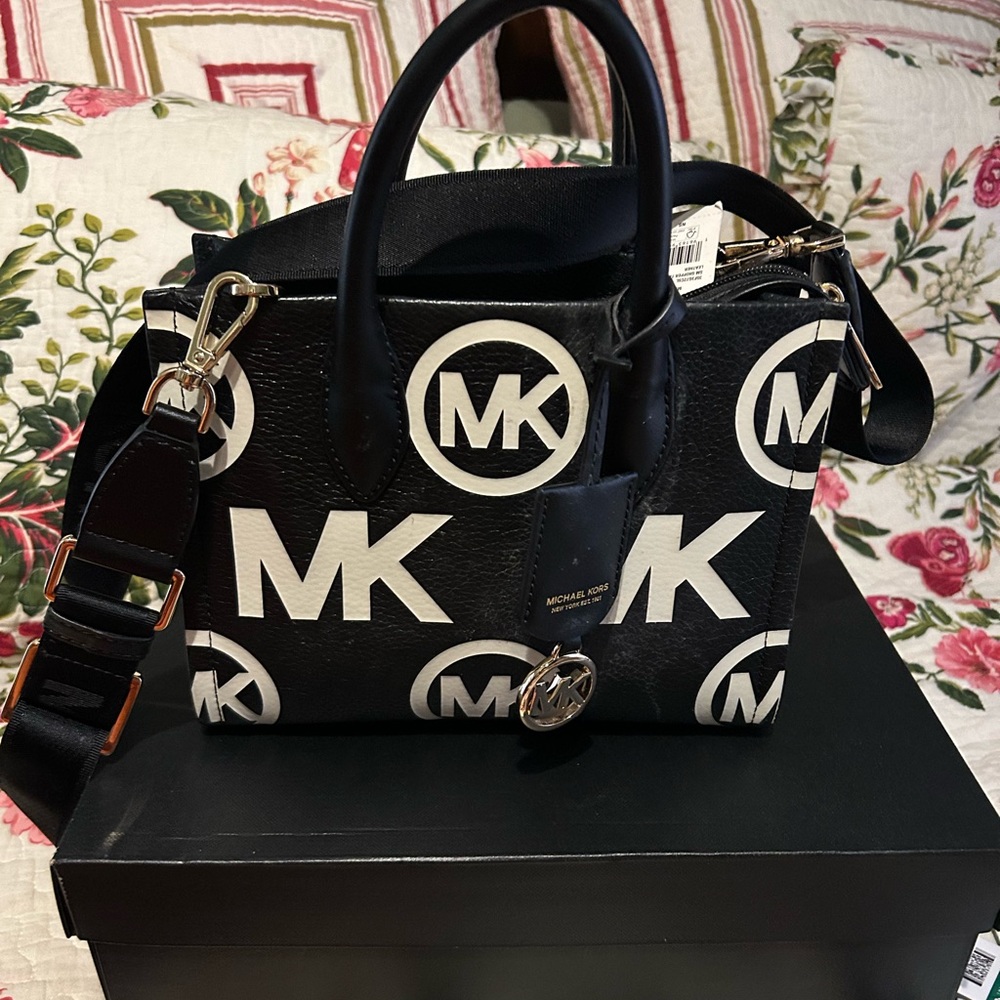 Michael Kors Black and White Satchel with Logo Pattern